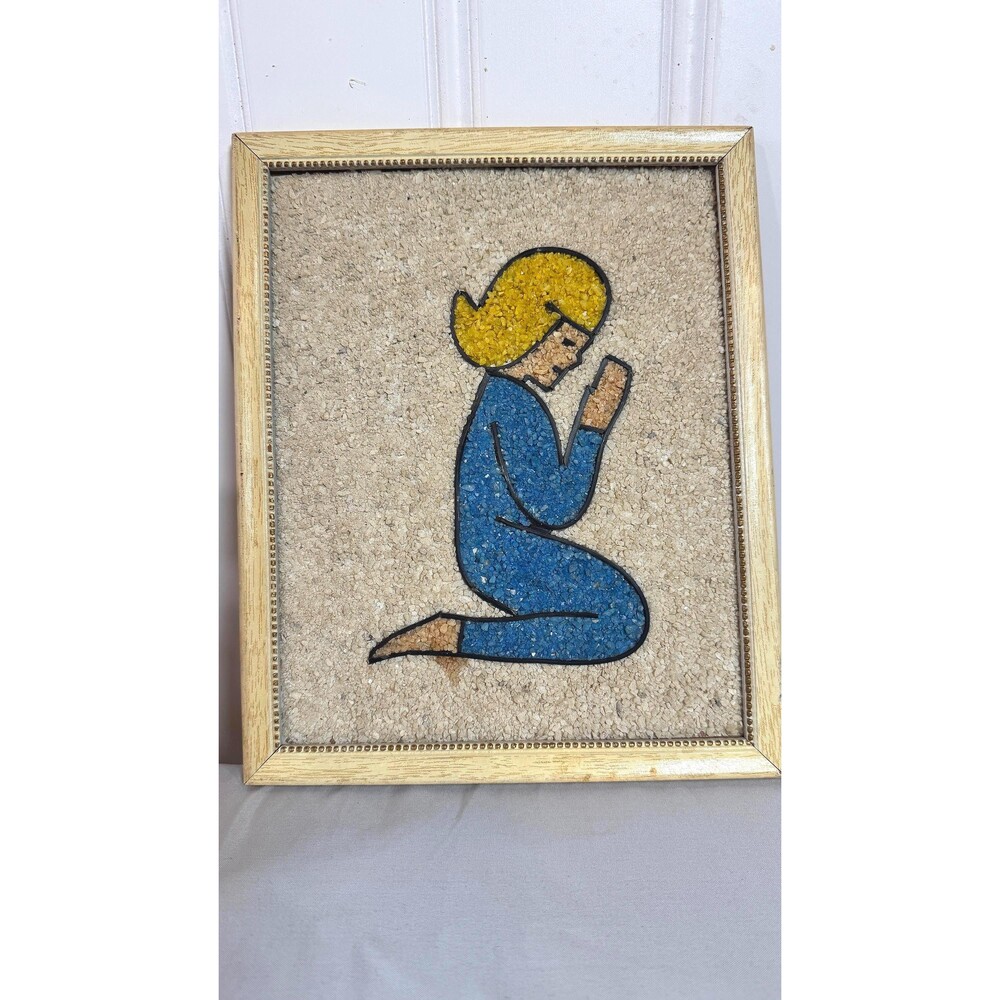 Retro Crushed Rock Gravel Art Praying Boy Kneeling Framed Wall Decor Vintage